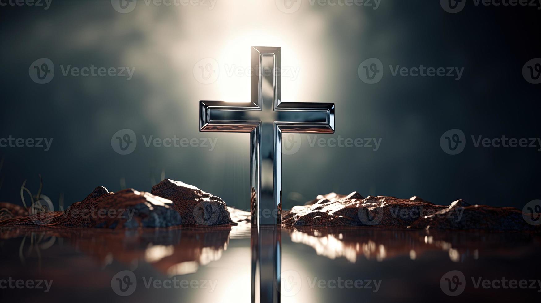 Christian cross on a dark background. 3D rendering photo