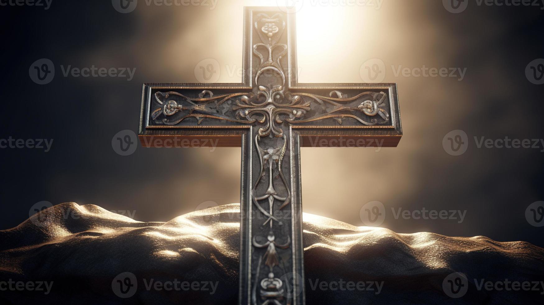 Christian cross on a dark background. 3D rendering photo