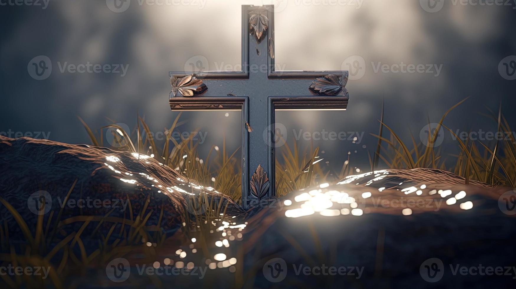 Christian cross on a dark background. 3D rendering photo