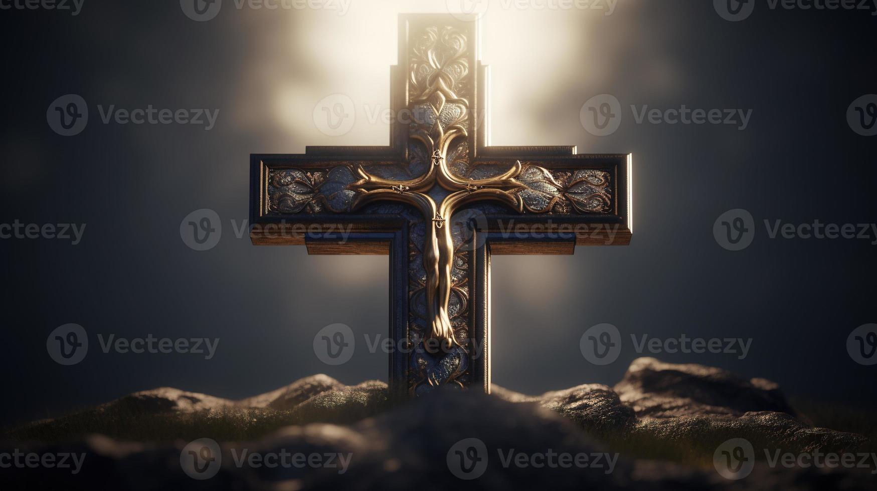 Christian cross on a dark background. 3D rendering photo