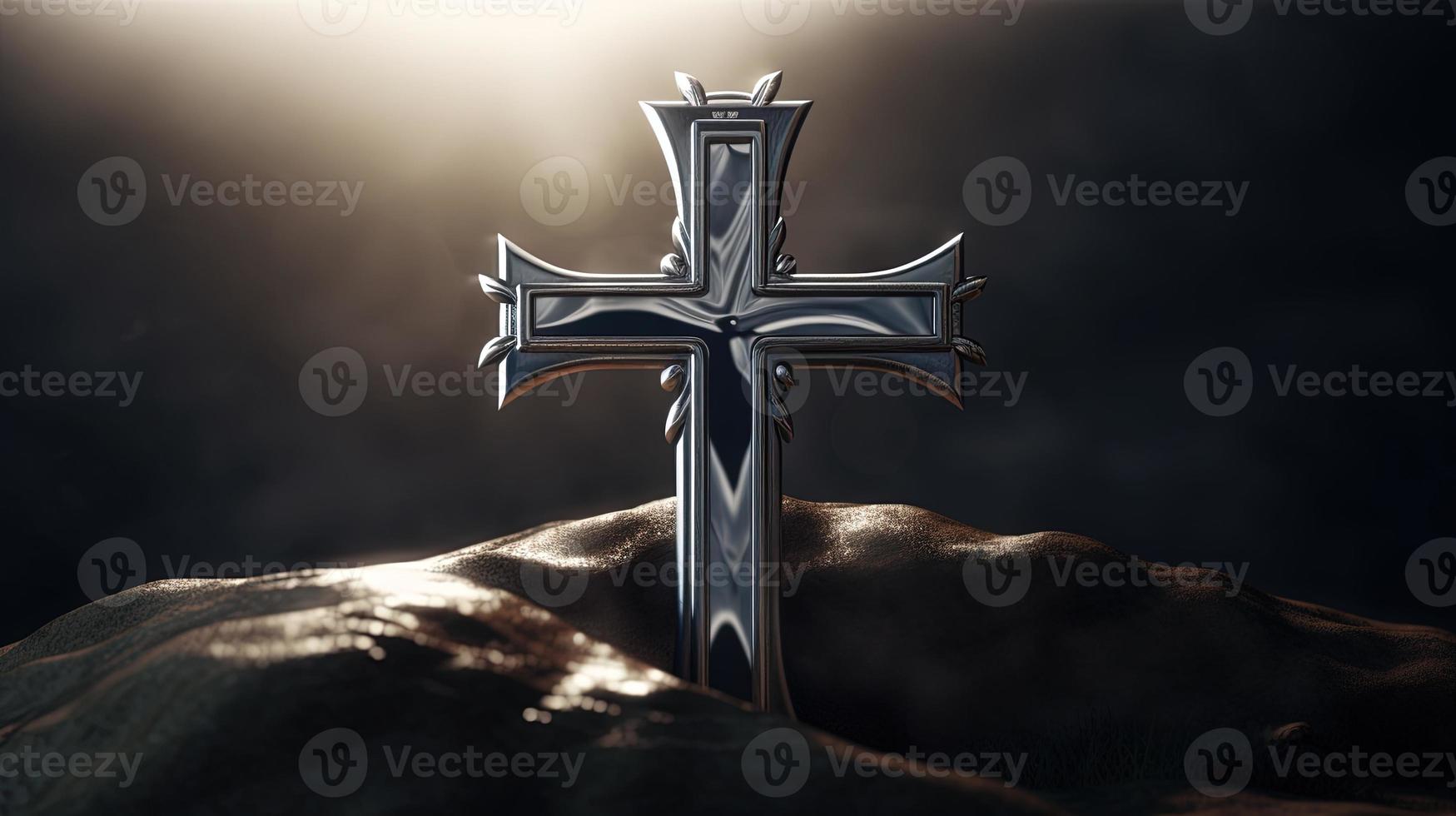 Christian cross on a dark background. 3D rendering photo