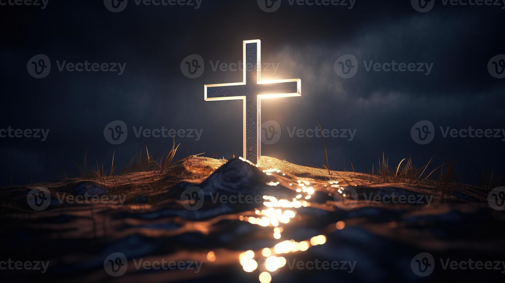 Christian cross on a dark background. 3D rendering photo