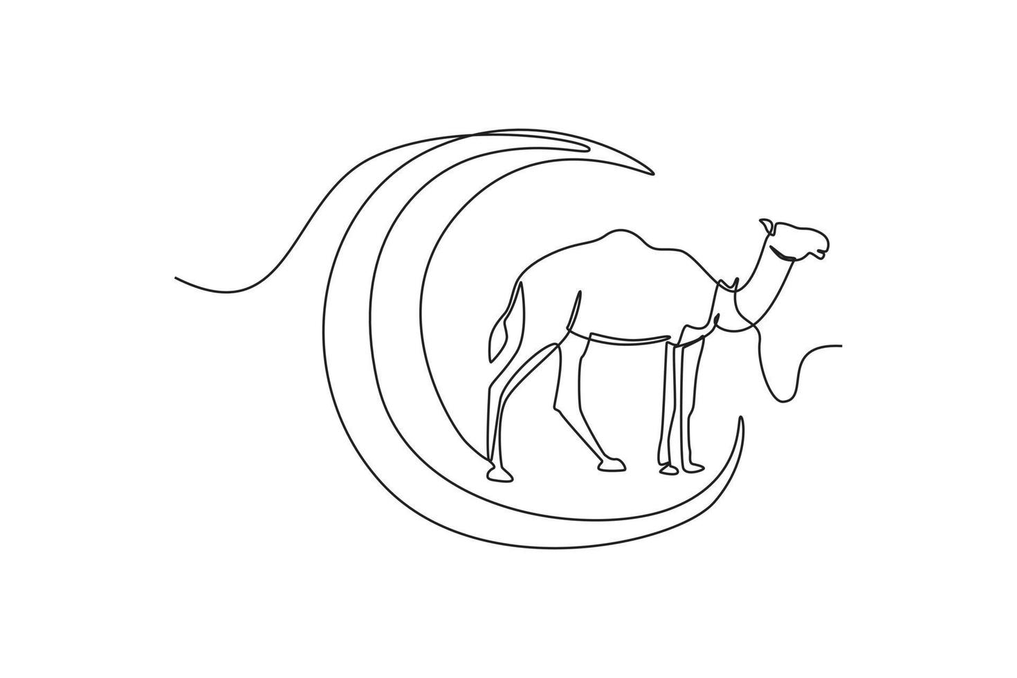 Single one line drawing Crescent moon and camel. Happy Eid Al Adha. Continuous line draw design graphic vector illustration.