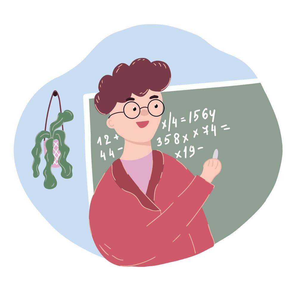 The work of a teacher. The teacher, student writes with chalk on the blackboard in the classroom. Close-up. Flat illustration. Vector