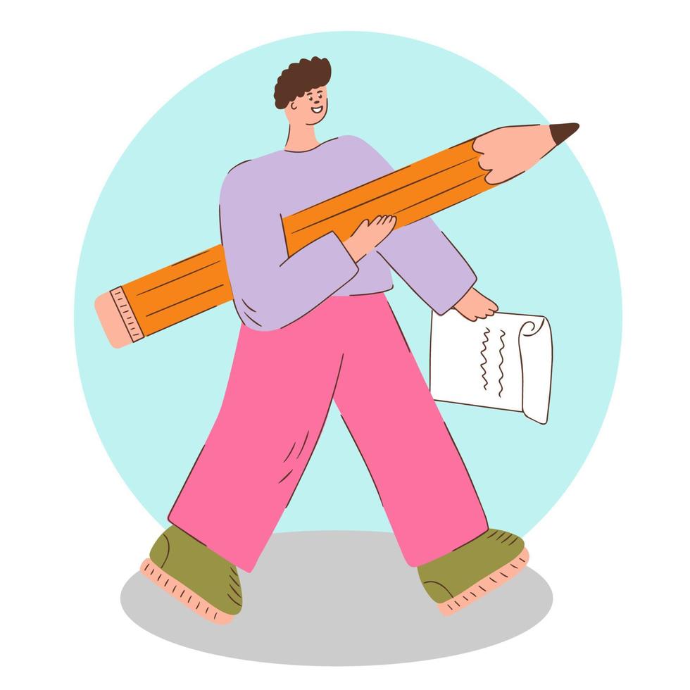 Cheerful student with a big pencil in his hands.School education. Flat  illustration in flat style. Vector 23074032 Vector Art at Vecteezy