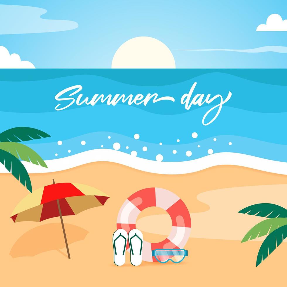 Summer day banner design with beach and swim equipment illustration on ocean background vector