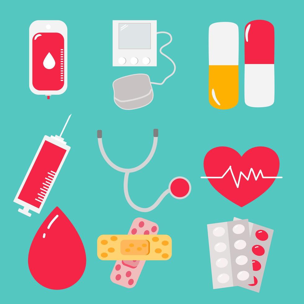 Healthcare elements icons on mint green background. vector