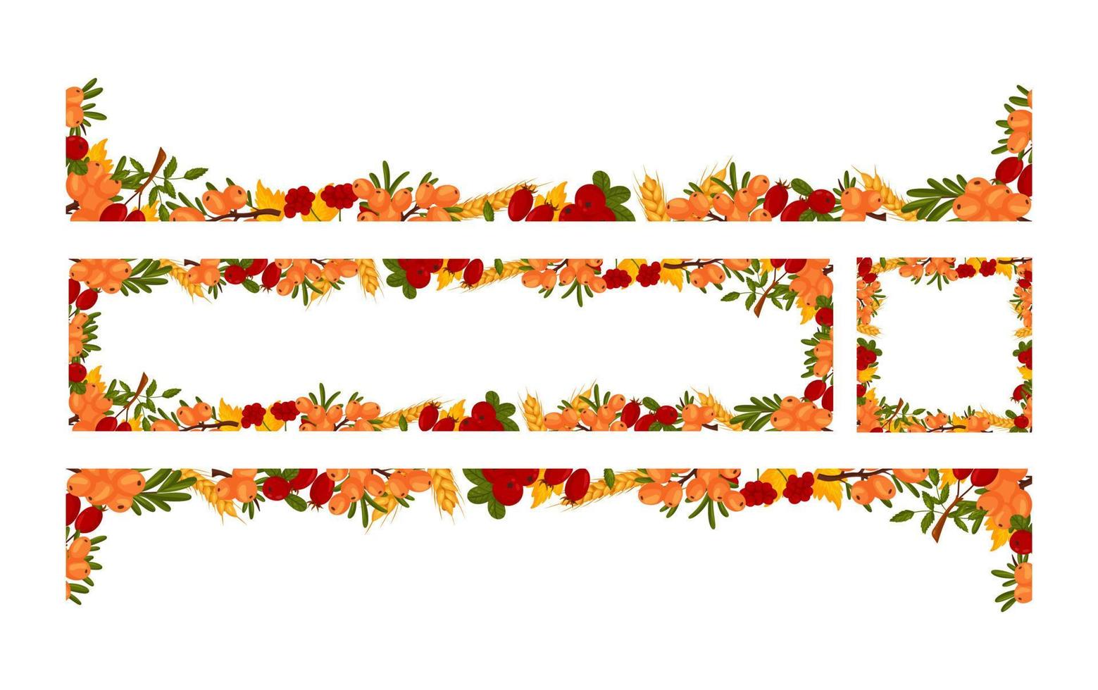 Spring horizontal frames with sea buckthorn berries, rose hips, cranberries, twigs and leaves. Summer vector banners