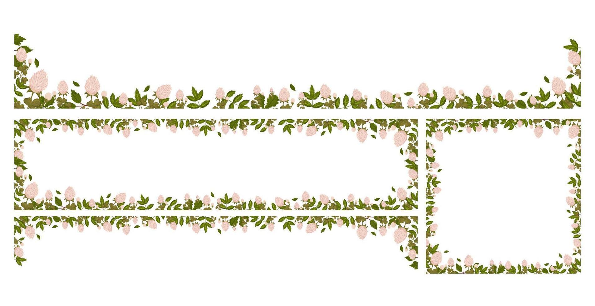Spring horizontal frames with clover flowers, shamrock and leaves. Summer vector banners