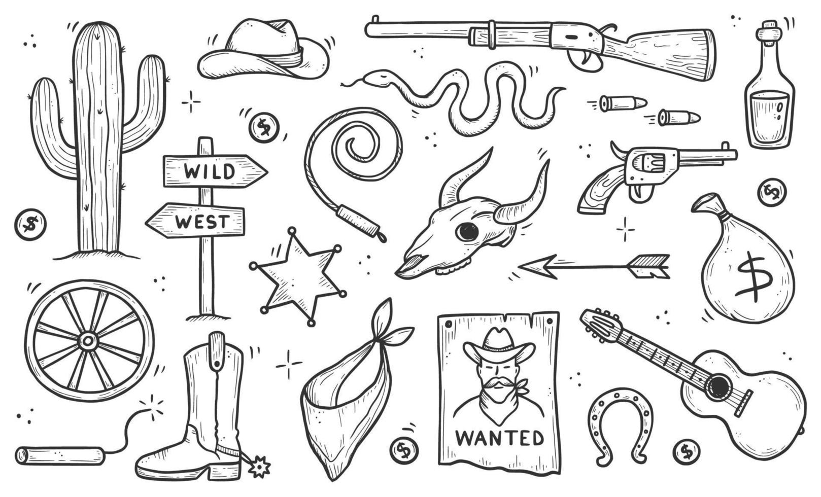 Cowboy western doodle set. Hand drawn vector