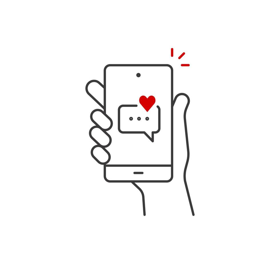 Hand hold smartphone, heart email send, new love message line icon. Phone message outline icon. Isolated vector