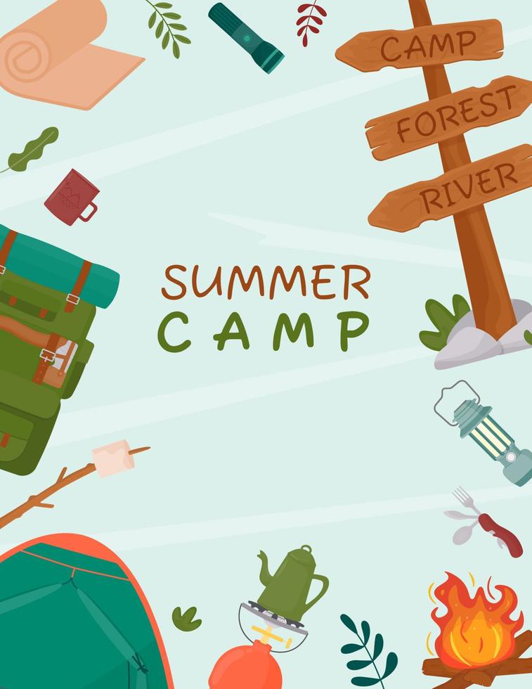 Vector illustration in flat style for poster, leaflet, cover, special offer, advertising summer camping, travel, trip, hiking, camper, nature, travel, picnic. Space for text.