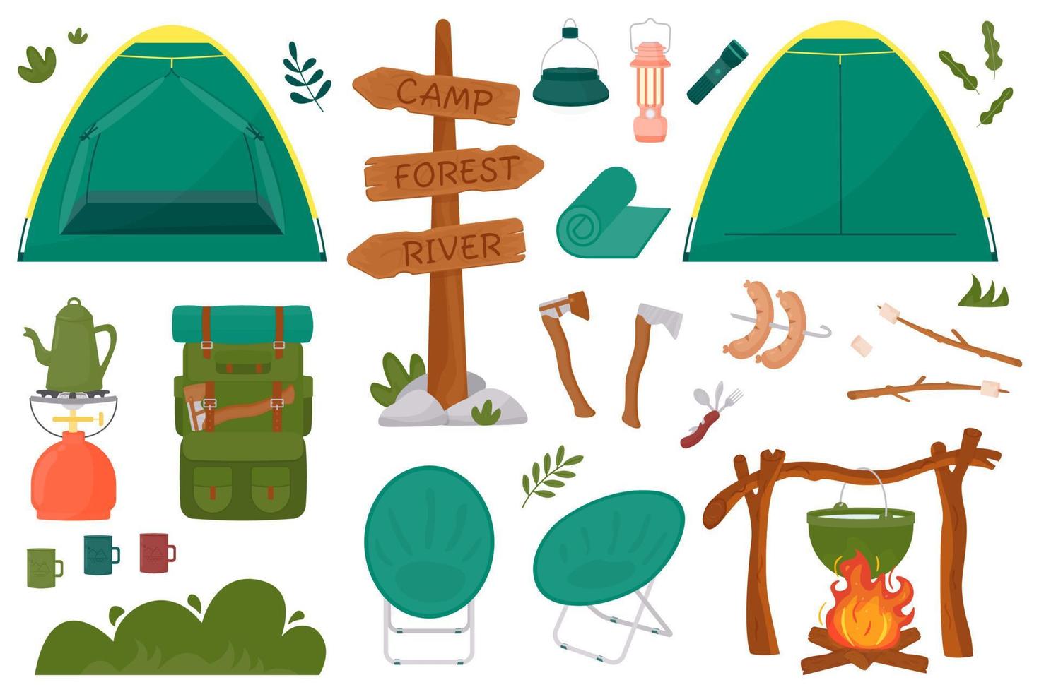 Hiking kit for summer camping, travel, trip, hiking, tourist, nature, travel, picnic. Vector illustration in a flat style. Isolated on a white background.