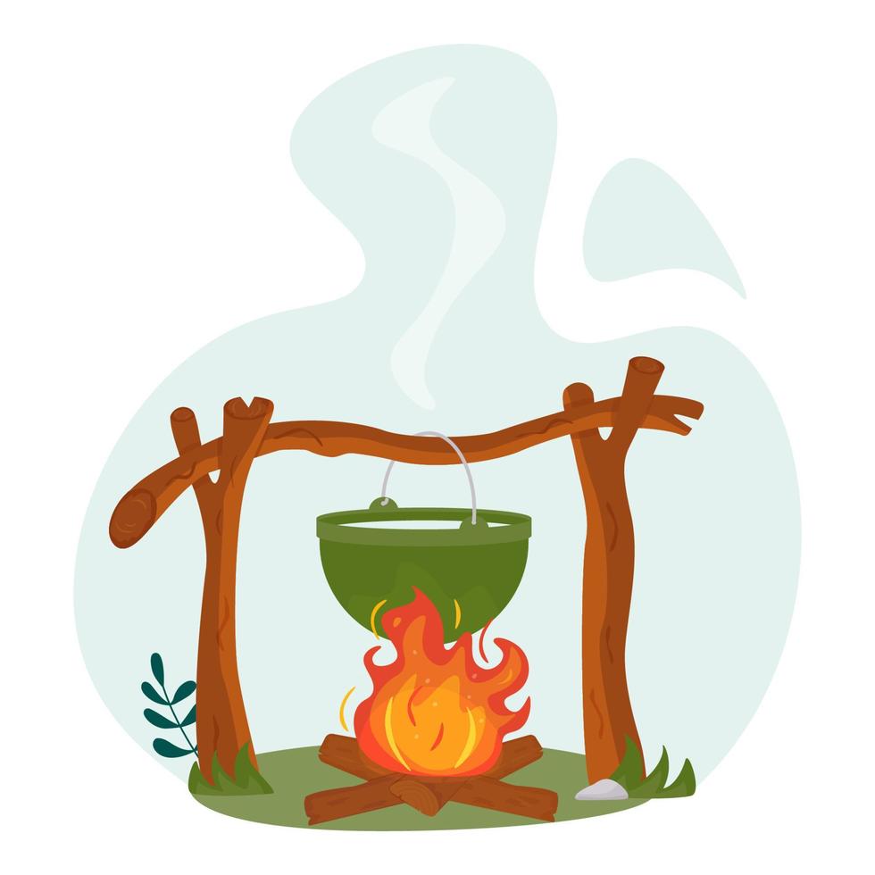 Cooking outdoors in the field. A pot on a fire in the forest. Cooking over a campfire while traveling. Conceptual travel, trekking and adventure. Vector illustration in the flat style. Isolated.