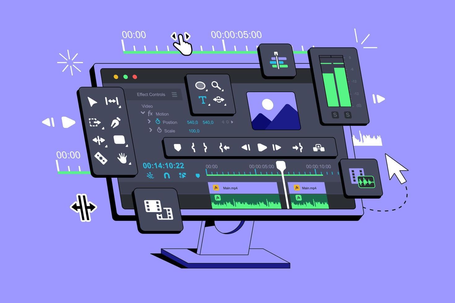 el vídeo editor programa es desplegado en el computadora. el monitor muestra el solicitud para edición vídeo clips. película imágenes montaje. acortar edición software interfaz. creando visual efectos vfx. vector