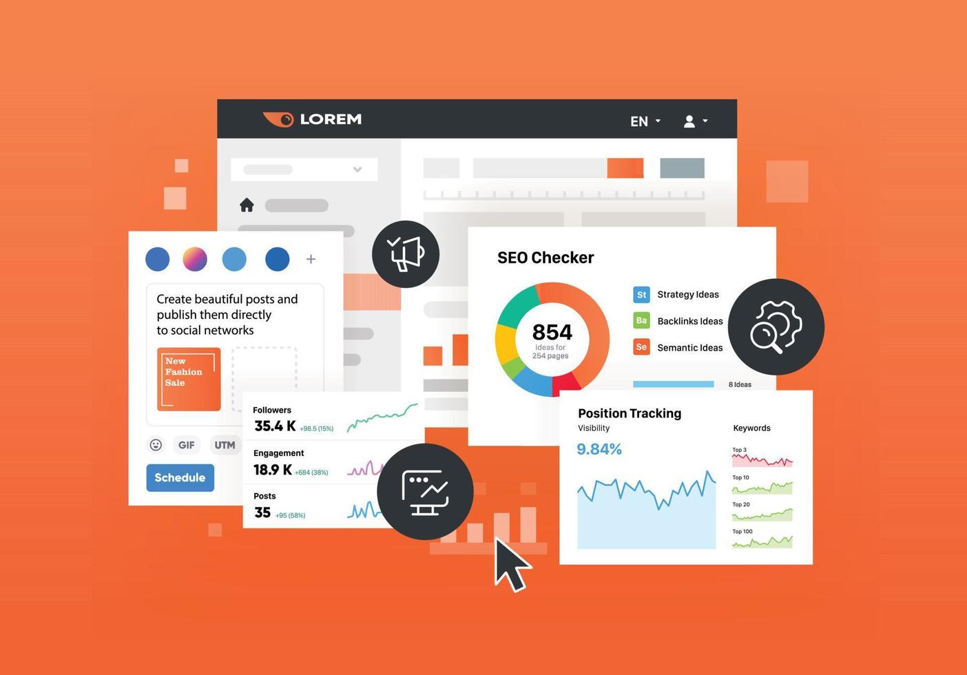 SEO tool. Platform used for keyword research and online ranking data including metrics such as search volume and cost per click CPC. Collects information about online keywords. Infographic 23074112 Ve...