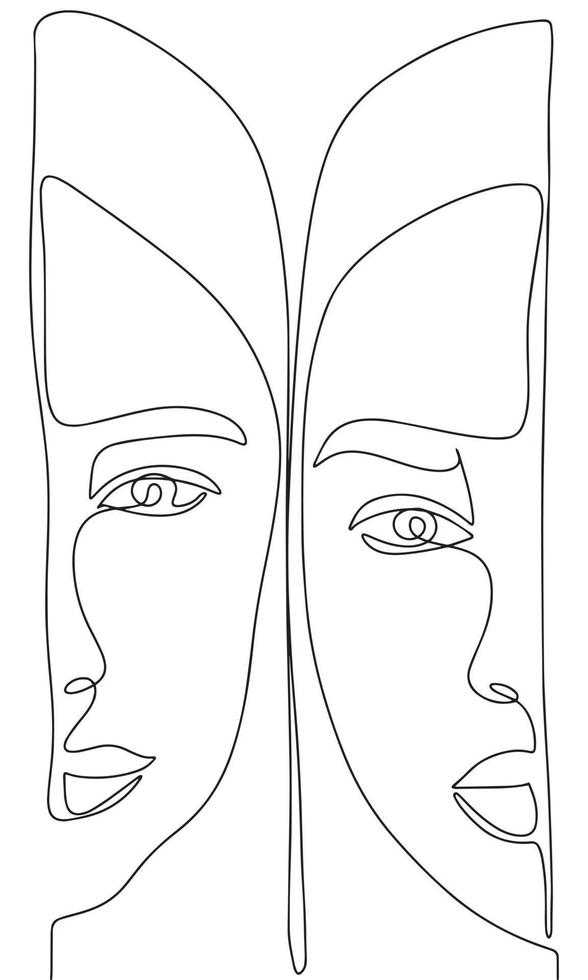 One line continuous two faces banner. Human face. Woman or man face. Vector illustration.