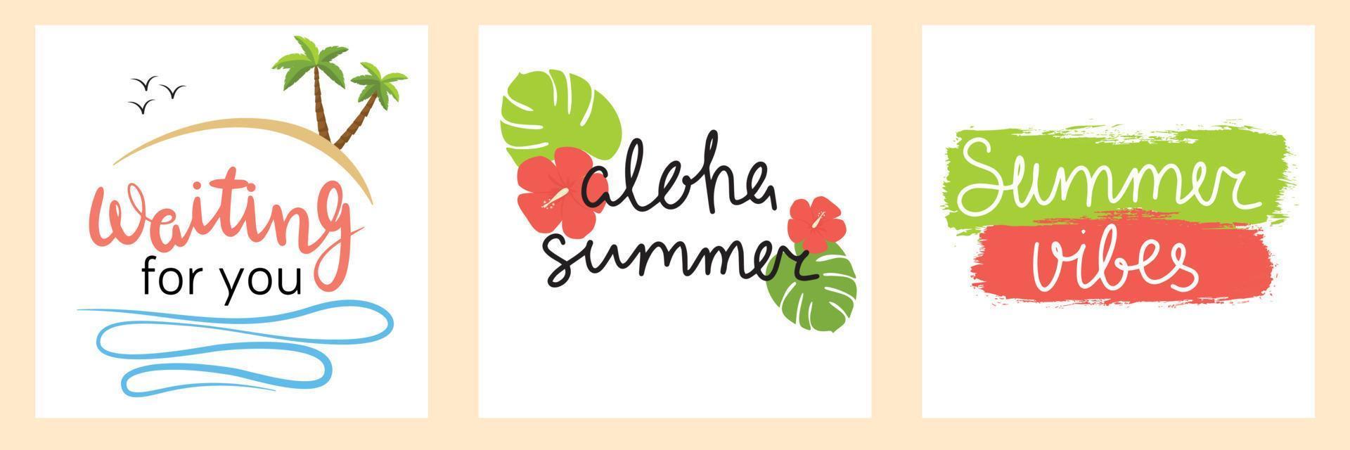 Square summer banner. Waiting for you. Aloha summer. Summer vibes. Vector illustration.