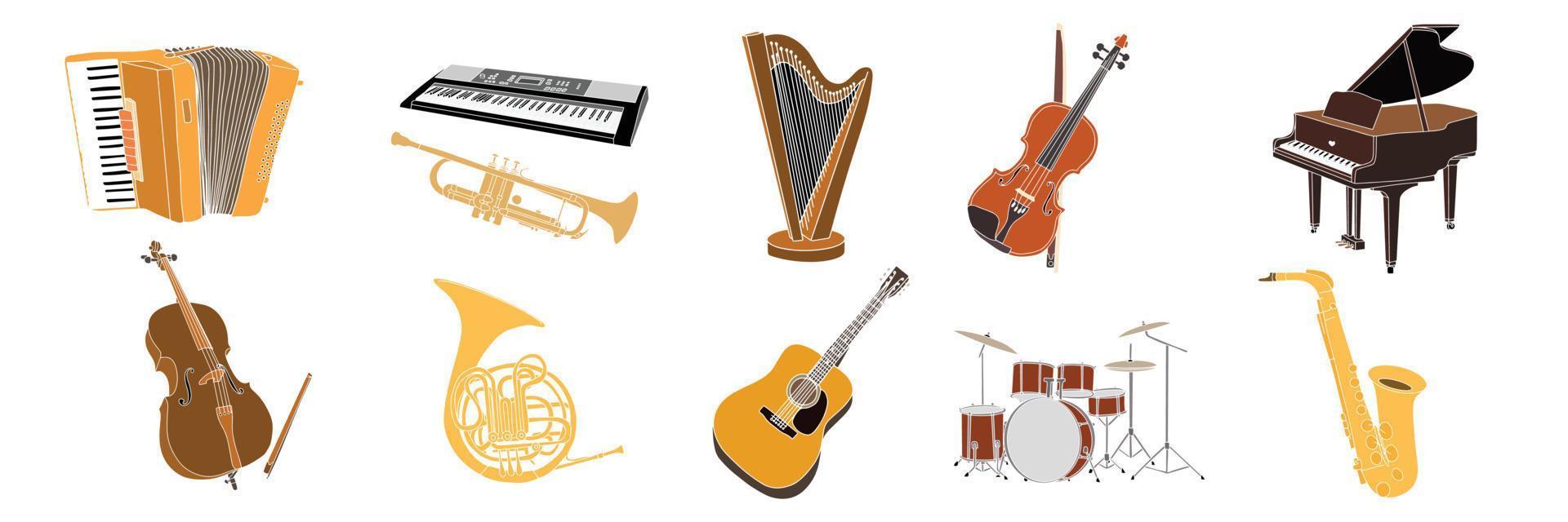 Collection of hand drawn color musical instruments. Accordion, trumpet, Harp, violin, piano, Cello, drum, guitar, saxophone. Vector illustration.