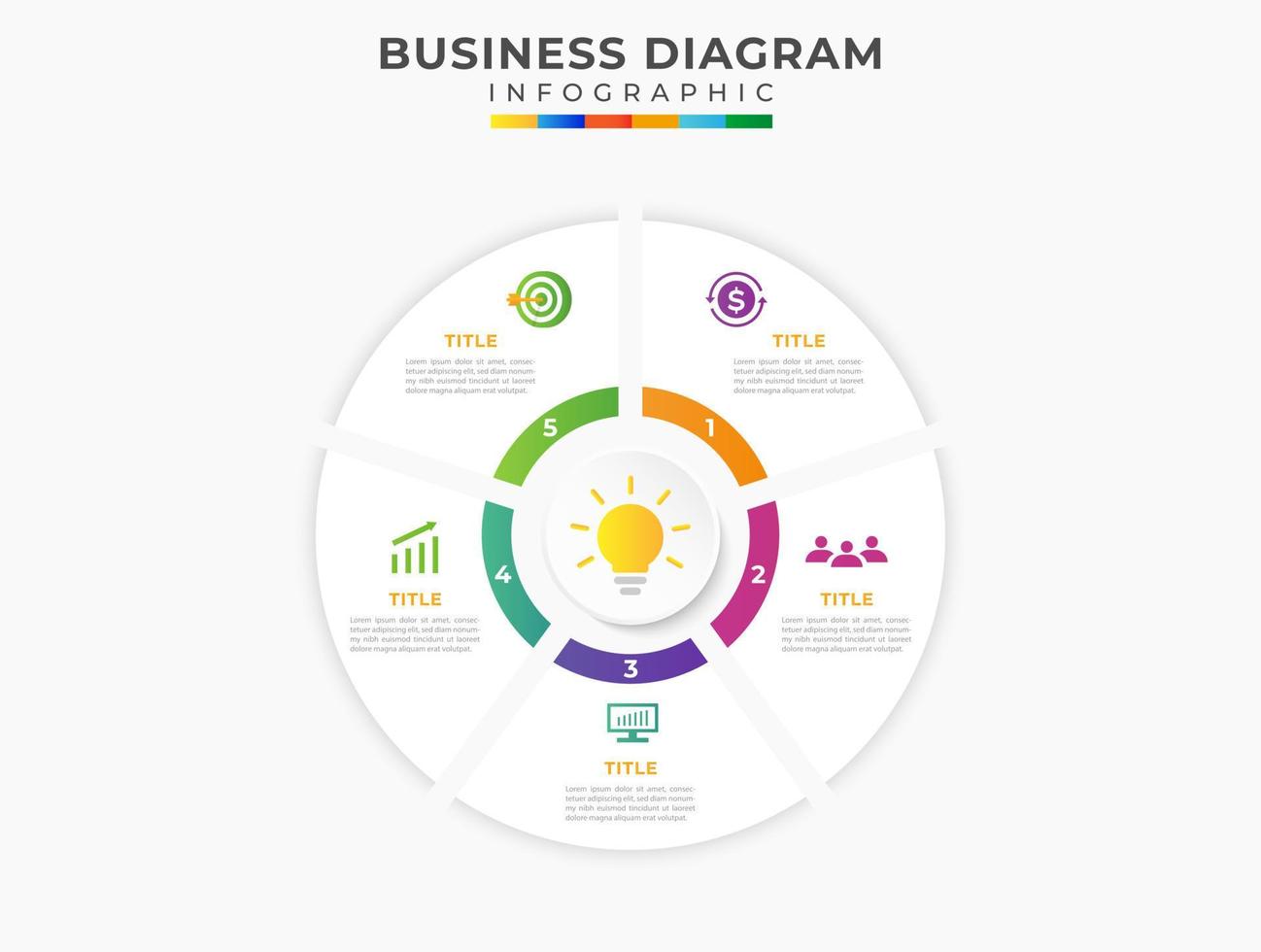 5 5 pasos moderno mente mapa diagrama con círculos y tema títulos presentación y negocio vector infografía modelo.