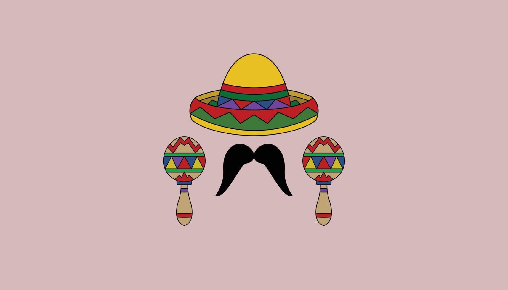 Illustration of Mexican culture Cinco de Mayo . There are musical instruments, hats and mustaches in the style of Mexicans vector