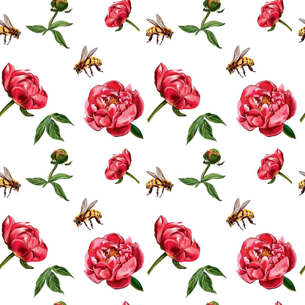 Vector pattern of red peony flowers and bees. Seamless pattern on a white background. Design for wallpaper, fabric, wrapping paper, cover and more.