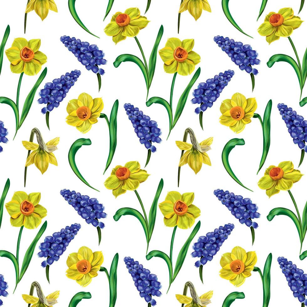 sin costura vector modelo con vistoso primavera flores amarillo narcisos, azul muscari, verde hojas. embalaje diseño, cubrir, tela, testículo