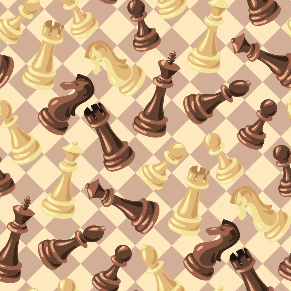 A pattern of black and white chess pieces made of wood on the background of a chessboard. Chess moves on a checkered board. Chess cartoon. Texture for printing on textiles and paper. Gift packaging vector