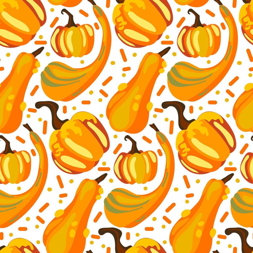 Vector seamless pattern of multicolored orange pumpkins with stripes and dots in a flat style on a white background. Perfect for autumn seasonal wrapping paper, screensavers, textiles, Halloween cards