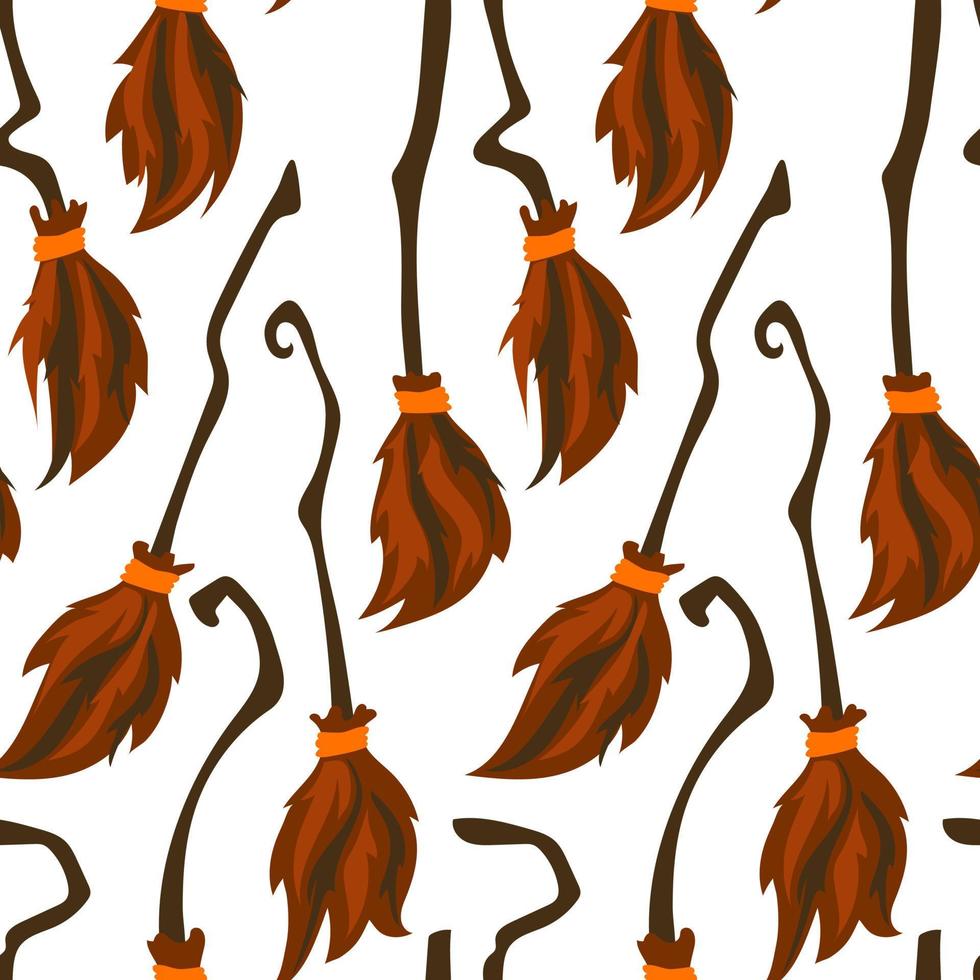 Seamless witch background with brooms. Flying broom for witches in the school of magic on a white background an orange flying broom, a wooden stick Minimalistic Halloween pattern on white background vector