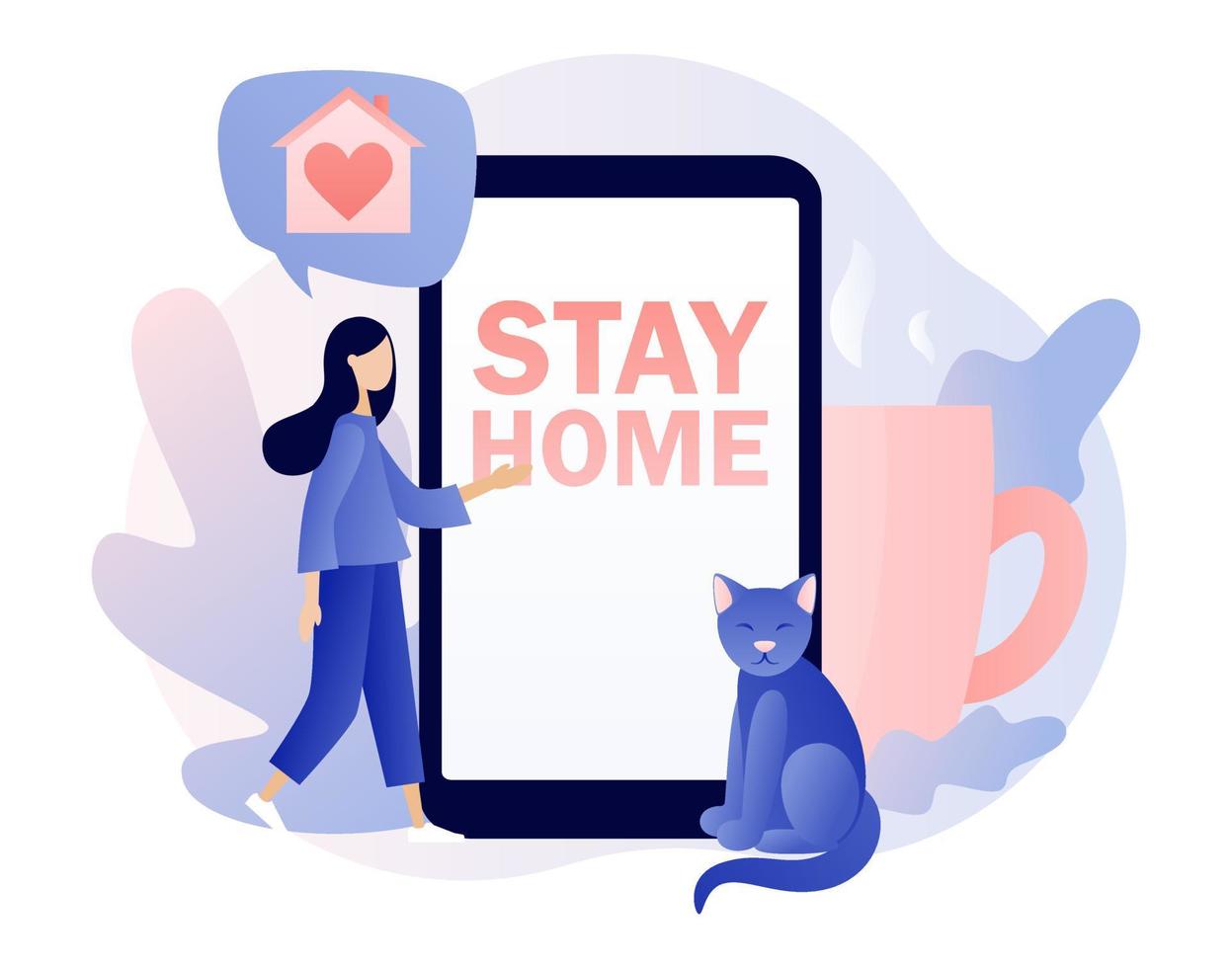 Stay at home. Quarantine and self-isolation concept. Global viral epidemic or pandemic. Tiny girl at house with cat. Modern flat cartoon style. Vector illustration on white background