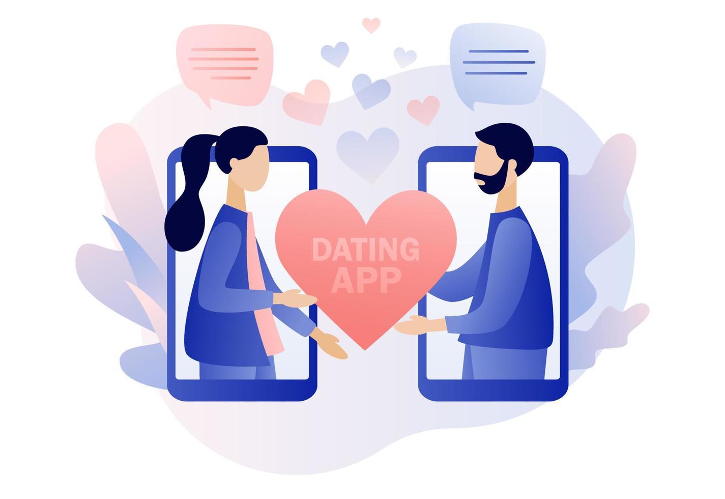 Online dating. Tiny people chatting in the dating app. Virtual relationship and online love. Acquaintance in social network. Modern flat cartoon style. Vector illustration on white background