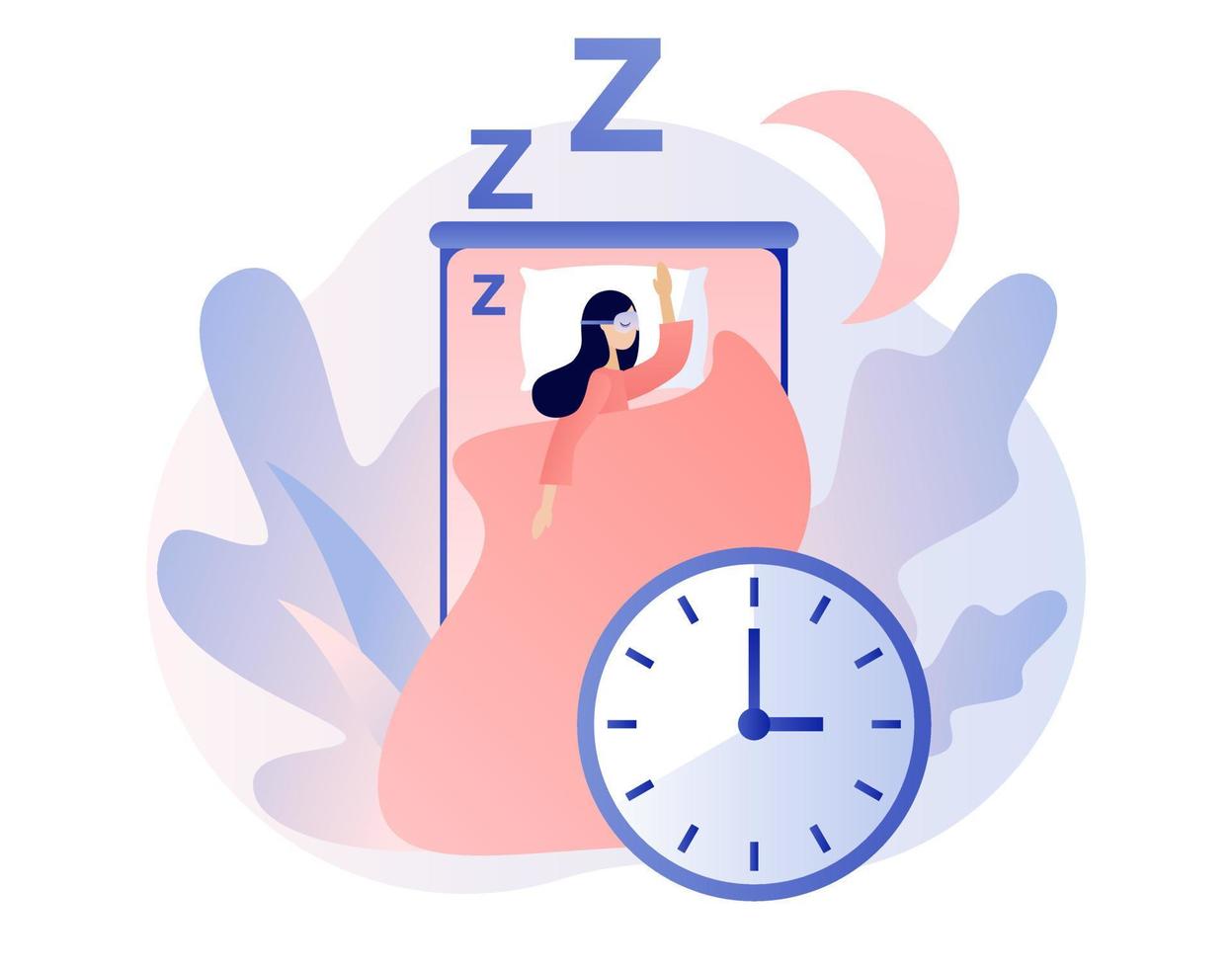 Sleep time. Sweet dreams. Good health and work of biological rhythms. Tiny woman sleeping at night in bed. Modern flat cartoon style. Vector illustration on white background