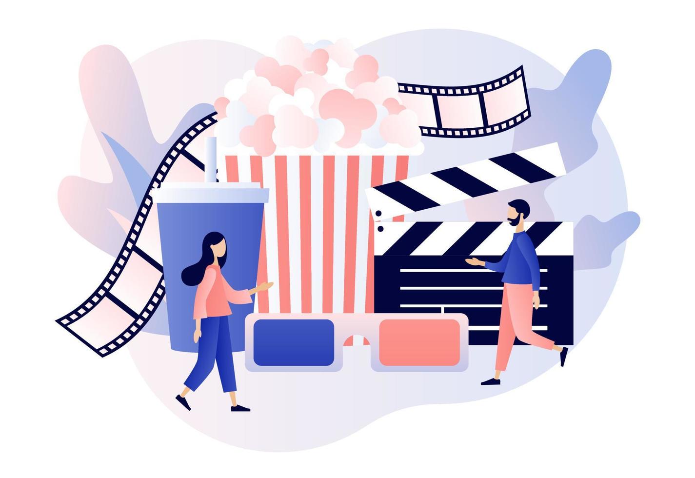 Online cinema. Mobile movie theater. Cinematography. Tiny people watching movie with popcorn,3d glasses and video attributes. Modern flat cartoon style. Vector illustration on white background