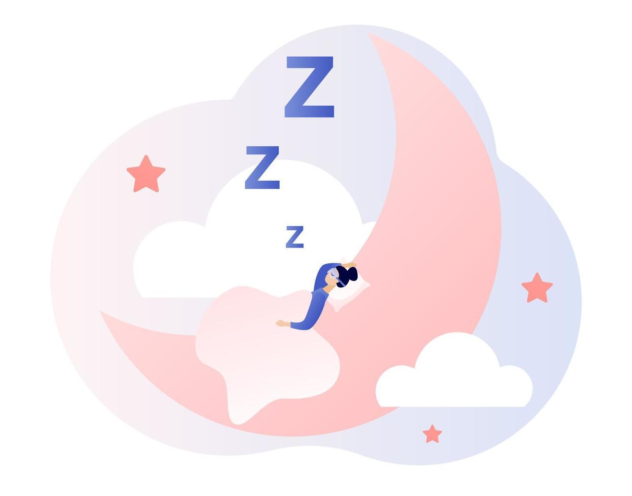 Sleep time. Sweet dreams. Good health and work of biological rhythms. Tiny girl sleeps in mask on the moon. Modern flat cartoon style. Vector illustration on white background