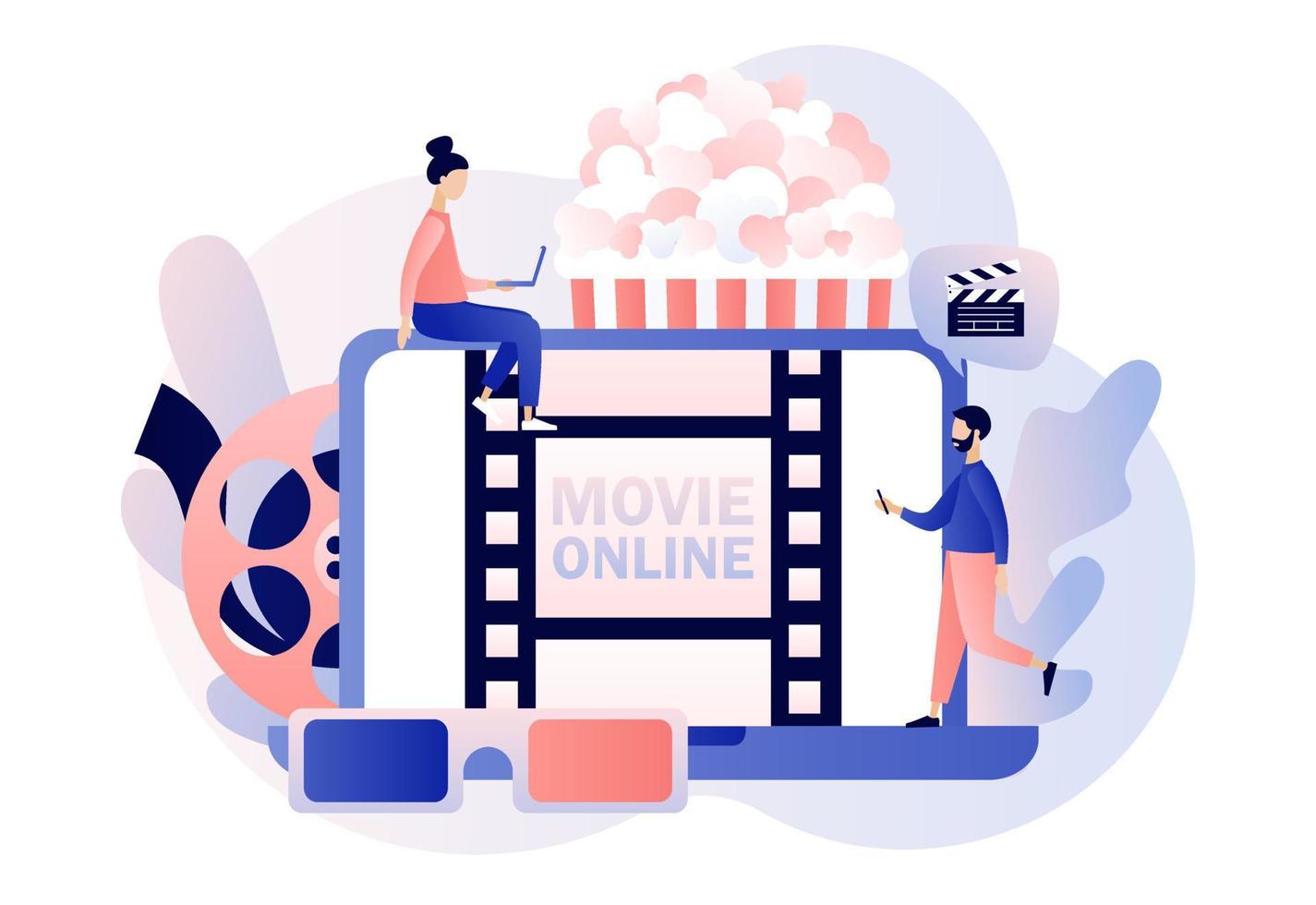 Online cinema concept. Home movie theater. Cinematography. Tiny people watching movie with popcorn,3d glasses and video attributes. Modern flat cartoon style. Vector illustration on white background