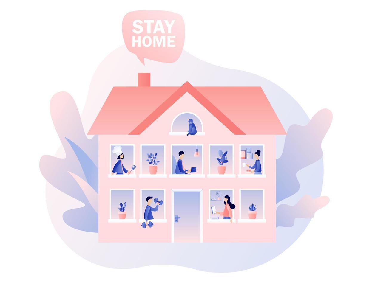 Stay at home. Quarantine and self-isolation concept. Tiny people at house. Global viral epidemic or pandemic. Modern flat cartoon style. Vector illustration on white background