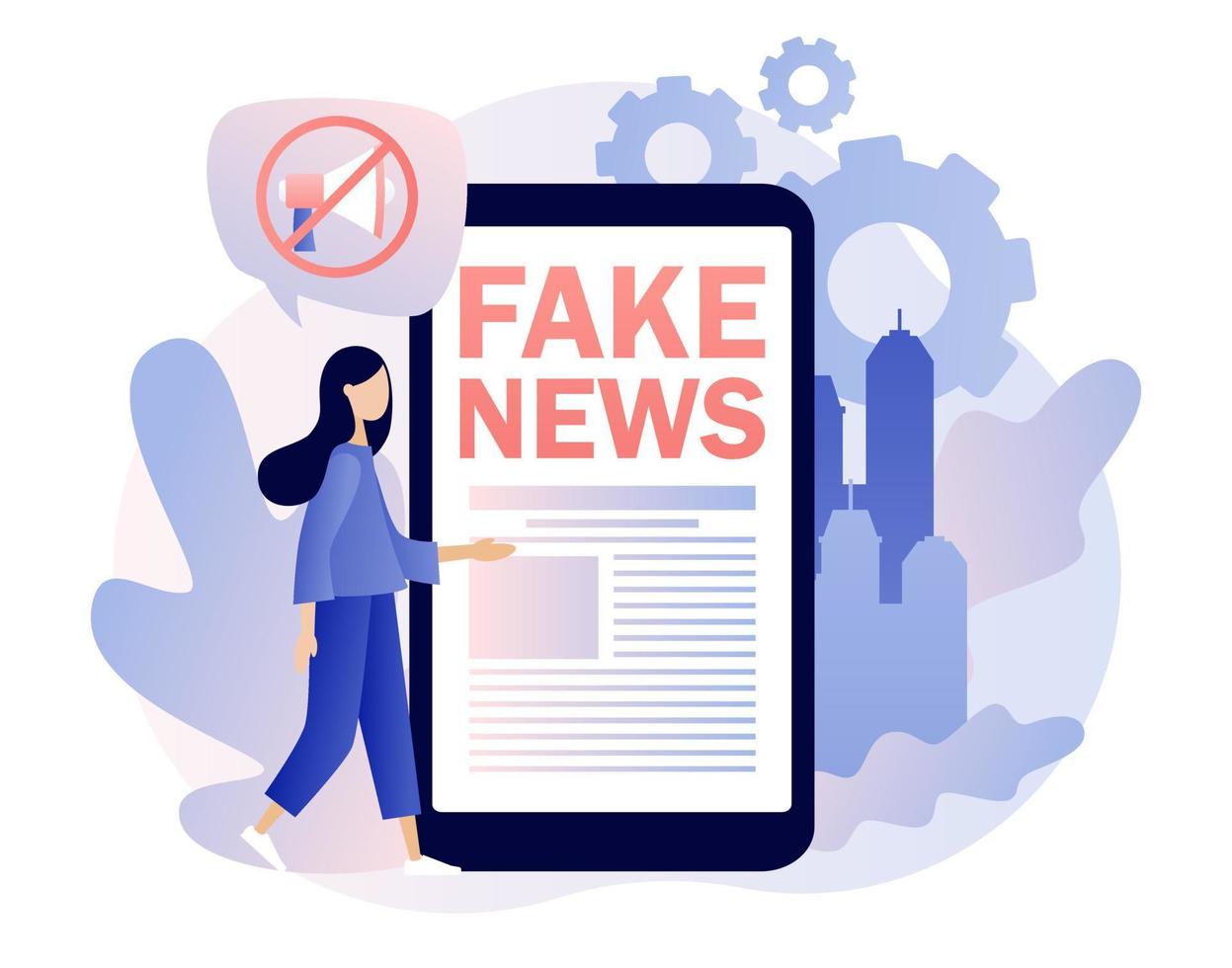 Fake news metaphors. Tiny girl read news with mobile app. Mass media, hot online information, propaganda newscast. Modern flat cartoon style. Vector illustration on white background