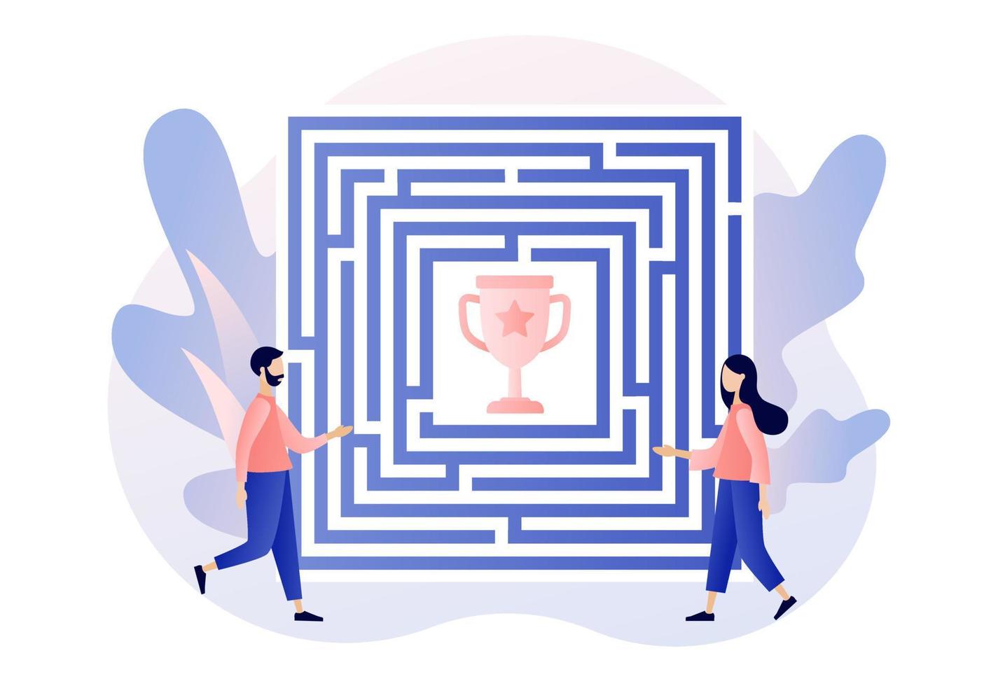 Business maze concept. Tiny people looking for a way to reach the goal through the labyrinth. Business metaphor. Modern flat cartoon style. Vector illustration on white background