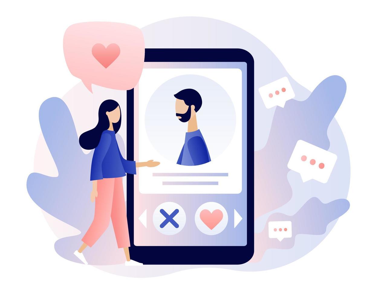 Online dating. Tiny girl looking for couple in the dating app. Virtual relationship. Acquaintance in social network. Modern flat cartoon style. Vector illustration on white background