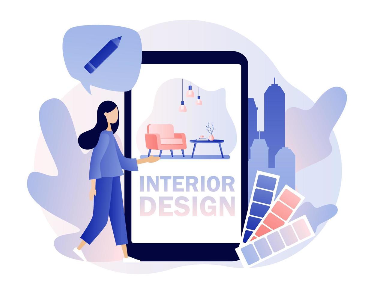 Interior design studio concept. Tiny girl designer designing interior decorations in mobile app. House decoration service. Modern flat cartoon style. Vector illustration on white background