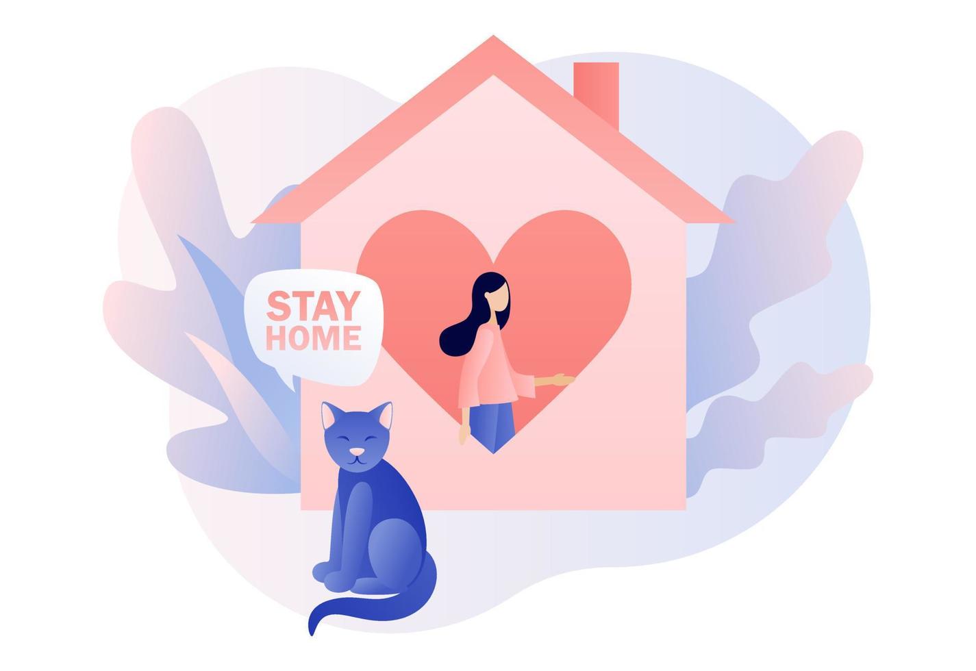 Stay at home. Quarantine and self-isolation concept. Global viral epidemic or pandemic. Tiny woman at house. Modern flat cartoon style. Vector illustration on white background