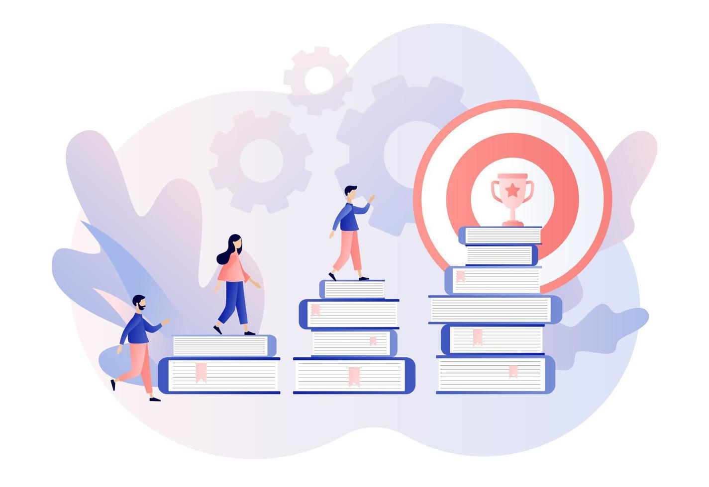 Self-learning, online education, e-book, distance e-learning. Self development concept. Skill improvement.Tiny people on way to goal. Modern flat cartoon style. Vector illustration on white background