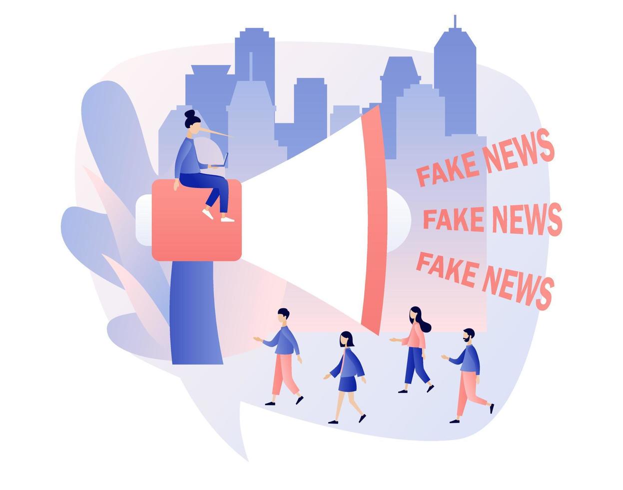 Fake news metaphors. Tiny people and big megaphone with Fake News text. Mass media, hot online information, propaganda newscast. Modern flat cartoon style. Vector illustration on white background