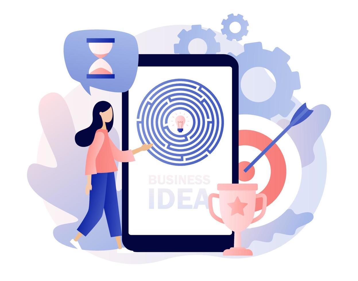 Business maze concept. Business metaphor. Tiny girl looking for a way to idea through the labyrinth with mobile app. Modern flat cartoon style. Vector illustration on white background