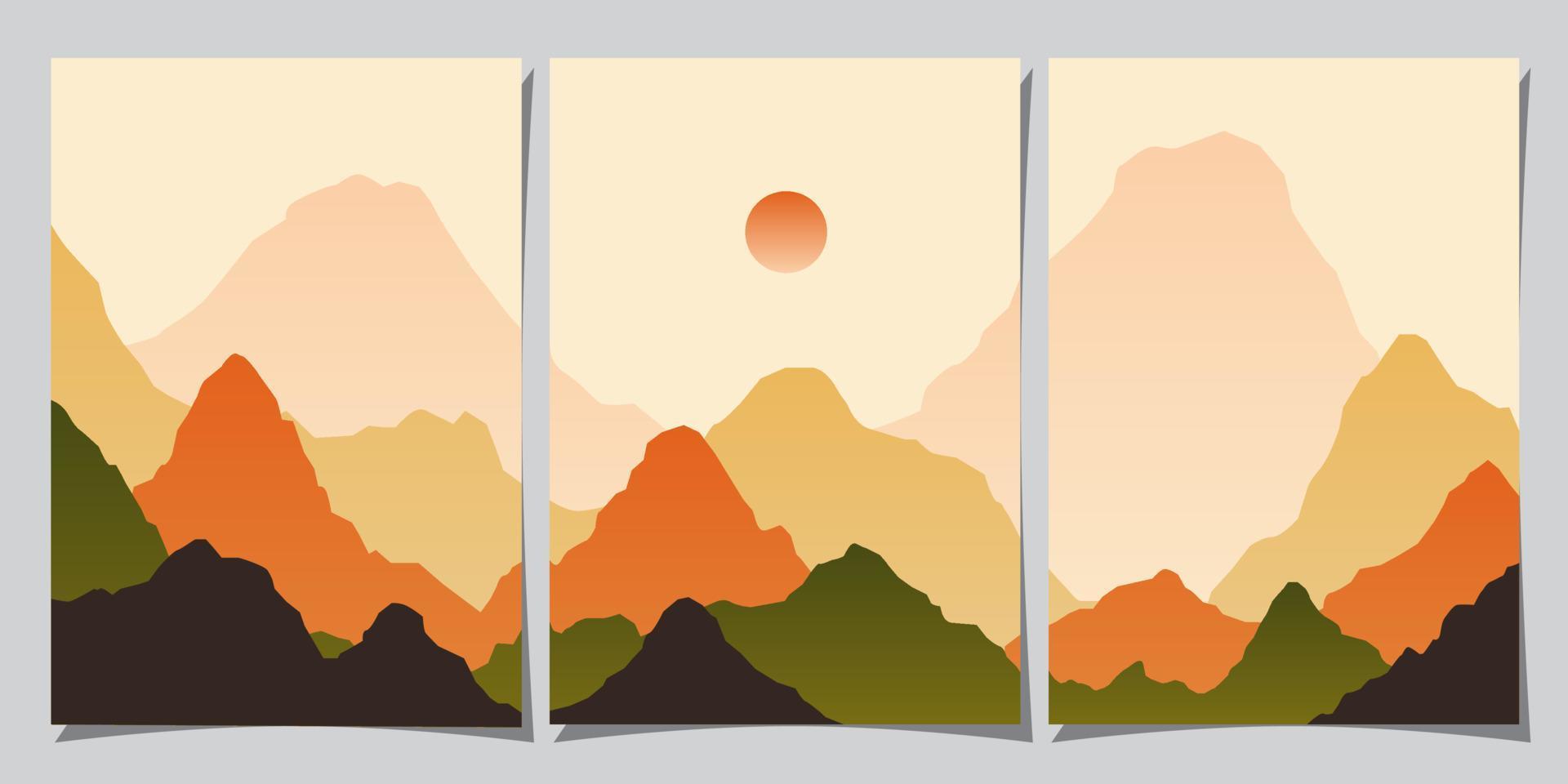 conjunto de creativo resumen montaña paisaje y montaña rango antecedentes. minimalista carteles con degradado para imprimir, lienzo, pared letras, decoración. vector