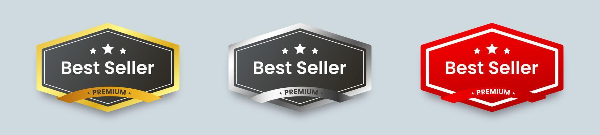 Best seller sticker label set with gold medal. Silver and red badge for product label. vector