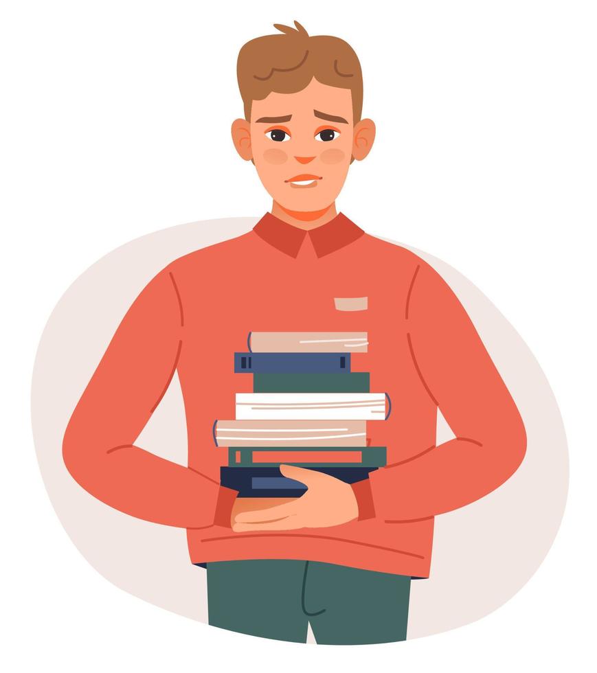 The student is holding a stack of books. Bookcrossing concept. Flat vector illustration.