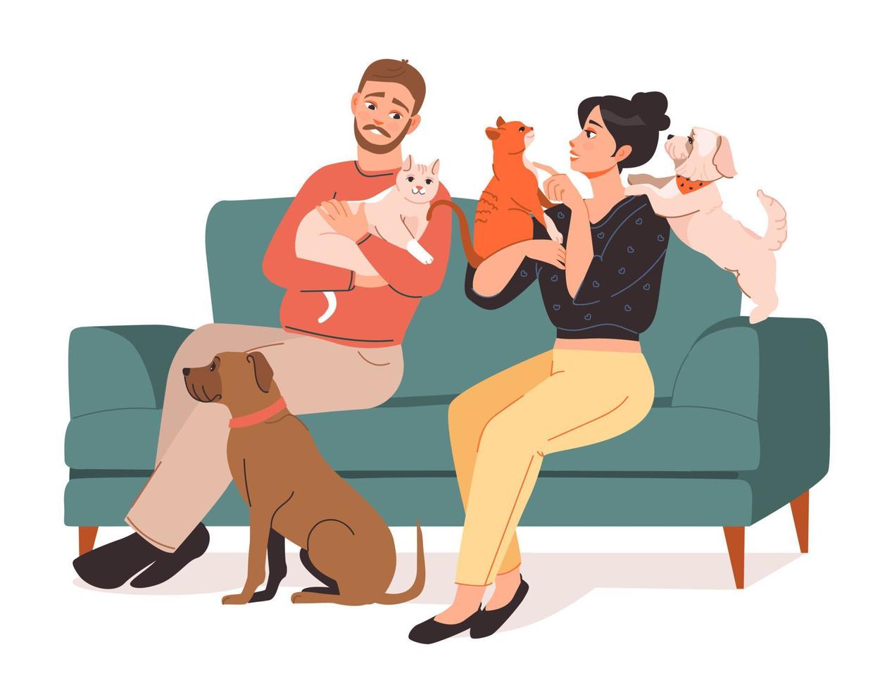 mascota dueños un joven Pareja es sentado en el sofá con su mascotas. gatos y perros en el sofá. plano vector ilustración.