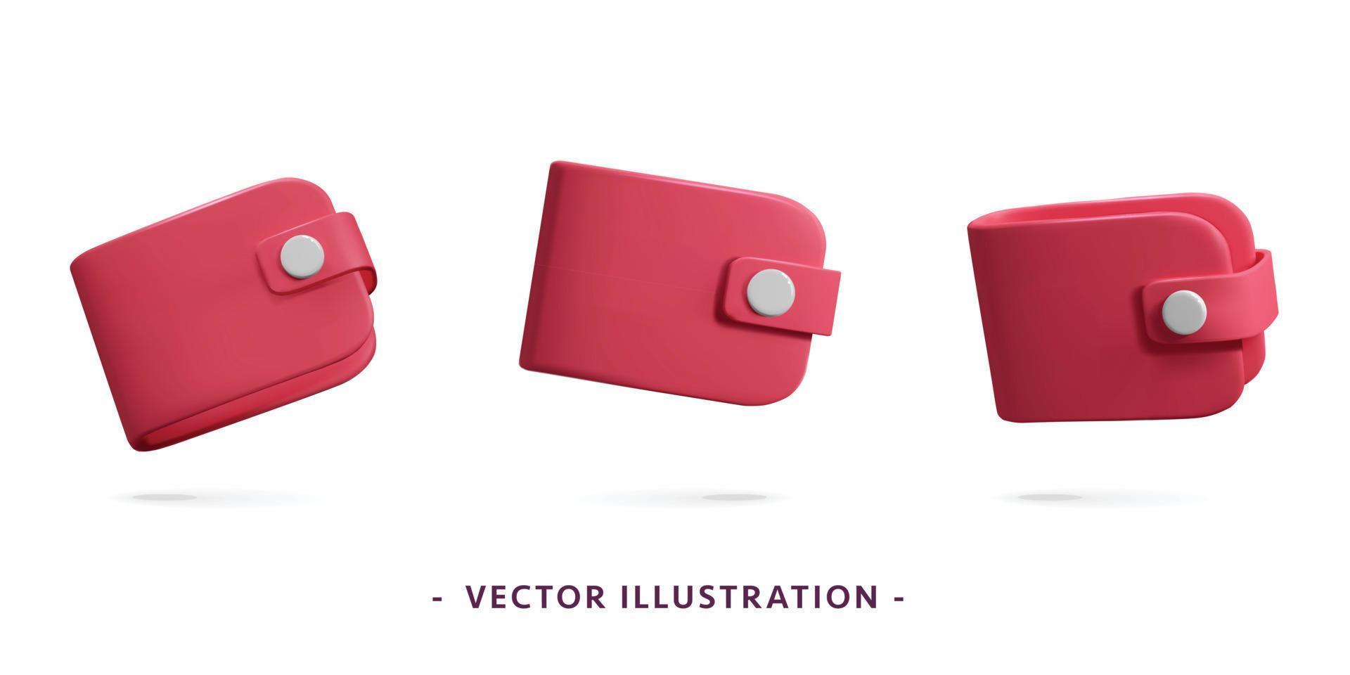 Collection of 3d vector red empty money wallets in different points of view web mockup element for commercial and banking app design